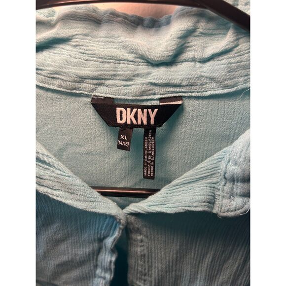 DKNY XL Light Blue Rayon Button Down Flutter Sleeve Ruffle Shoulder Textured Top - Picture 3 of 6